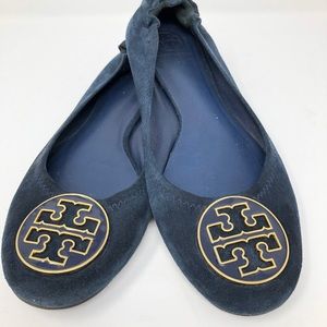 Tory Burch blue suede flats w/ enamel logo 10.5M
